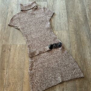 Y2K Brown Ribbed Knit Turtleneck Mini Dress with Belt Detail